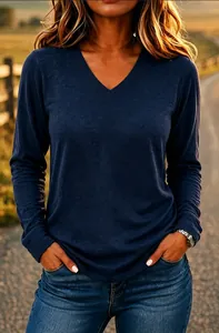 Detailed view of navy blue V-neck long-sleeve tee with soft texture and relaxed fit