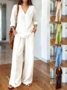 Women's two-piece linen set with V-neck long sleeve top and wide-leg pants in multiple colors