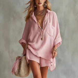 Completo da Donna Estivo a Tinta Unita con Camicia a Tasche e Pantaloncini Casual Largo per Spiaggia Vacanza Outfit a Due Pezzi