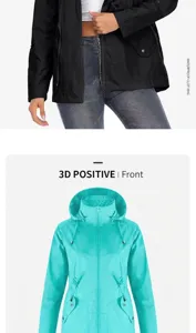 Detailed views of a women's hooded waterproof outdoor jacket with adjustable drawstring waist