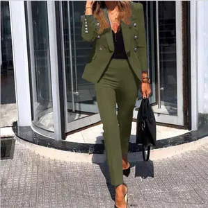 Olive green two-piece women's blazer and trouser suit for professional office wear