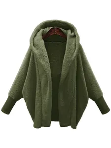 Oversized olive green hooded fleece jacket with batwing sleeves and ribbed cuffs