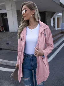 Stylish women's mid-length pink hooded raincoat with zipper and drawstring waist detail