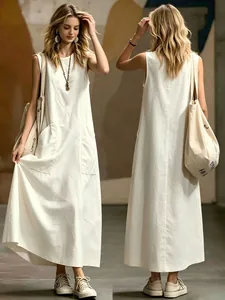 Full length split view showing front and back of this elegant white sleeveless maxi dress