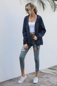 Casual navy blue lightweight outdoor hooded windbreaker jacket for women hiking
