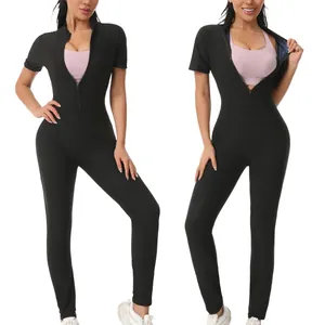 Combinaison sauna noire pour femme avec fermeture éclair avant et manches courtes pour fitness