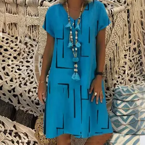 Stylish blue V-neck dress for women featuring a trendy black abstract line print