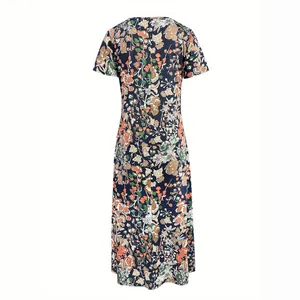 Back view of a loose women's short-sleeve dress with detailed botanical floral print