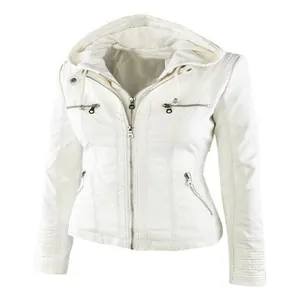 Detail view of a white women's hooded faux leather jacket with multiple zipper accents