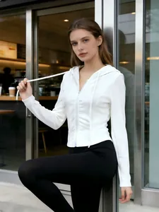 Slim fit white ribbed hooded jacket for women with full zip and drawstring hood detail.