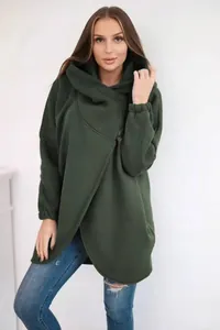 Άνετο oversized λαδί φλις μπουφάν με κουκούλα και μοναδικό ασύμμετρο σχέδιο μπροστά