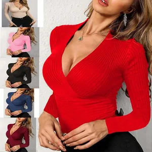 Women's Sexy Slim Fit V-Neck Ribbed Knit Long Sleeve T-Shirt Top Solid Color Autumn Winter Basic Polyester Pullover