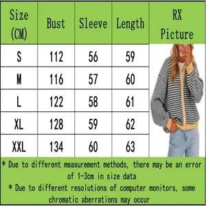 Size chart for striped crew neck knitted cardigan showing bust, sleeve, and length in cm.
