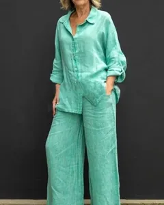 Türkises Damen-Casual-Set aus Leinenmischung mit Hemd und Hose mit weitem Bein