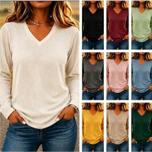 Women's Casual V-Neck Long Sleeve T-Shirt Loose Fit Cotton Knitted Top Basic Solid Color Pullover Tee For Autumn Daily Wear