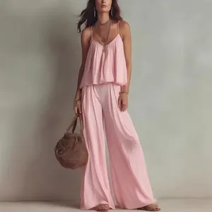 Elegantes französisches Set in Rosa mit Falten-Top und fließender weit geschnittener Hose