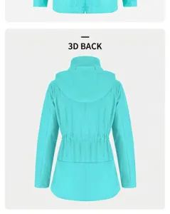 Back detail of a turquoise hooded waterproof rain jacket with adjustable waist