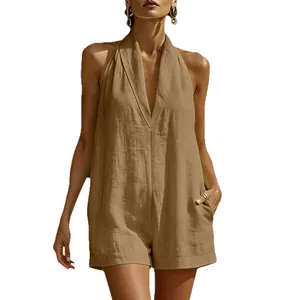 Elegant sleeveless halter neck V-neck solid khaki romper for women summer casual wear
