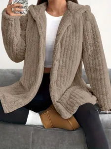 Casual solid brown hooded fleece jacket for women shown on a model