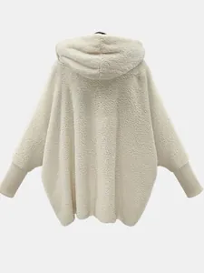 Back view of a beige oversized fleece hooded jacket with ribbed cuffs for winter.