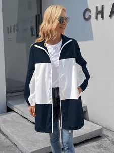 Women's color-block hooded windbreaker jacket in classic black and white outdoor style