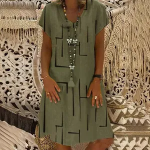 Vintage olive green V-neck short sleeve dress with black geometric line print