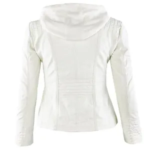 Back view of a white women's faux leather hooded jacket with quilted stitching details