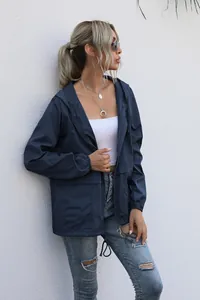 Women's lightweight navy blue hooded windbreaker jacket for outdoor activities