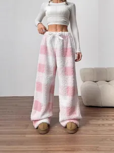 Pink and white checkered plush wide-leg lounge pants for women with ribbon drawstring