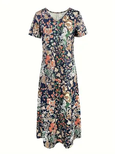 Elegant floral print V-neck short sleeve loose midi dress for women summer style