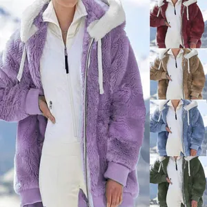 Dames Casual Losse Pluche Jas met Capuchon Volledige Rits Warme Kunstbont Hoodie Mantel Oversized Herfst Winter Bovenkleding