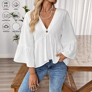 Elegant white V-neck blouse with ruffle sleeves and button detail for women