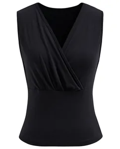 Detail of black cross V-neck tank top with elegant pleated wrap front and slim fit