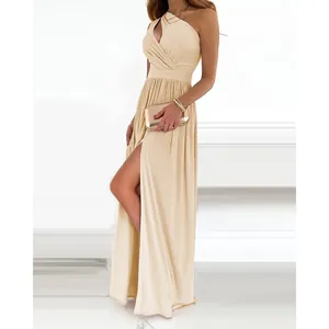 Elegant beige one-shoulder maxi dress with a sexy high waist and stylish side slit