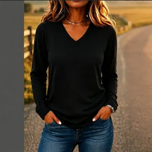 Casual women's loose V-neck solid black long sleeve T-shirt for autumn outdoor fashion