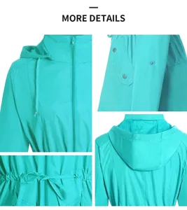 Detailed macro views of lightweight turquoise raincoat with breathable mesh lining