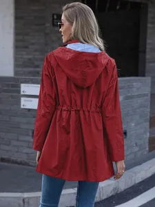 Detailed back view of women's red longline hooded raincoat featuring a drawstring waist