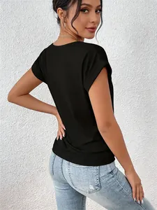 Back view of an elegant black V-neck t-shirt with rolled sleeves for stylish women.