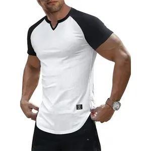 Detailed view of men's slim fit raglan t-shirt with contrast sleeves and V-neck line