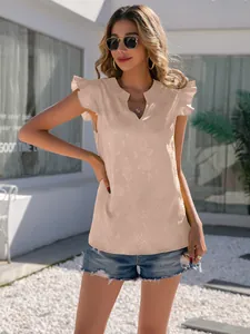 Elegant V-neck satin blouse featuring ruffled sleeves and subtle jacquard texture.