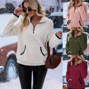 Damen Kunstpelz Plüsch Sweatshirt Halber Reißverschluss Stehkragen Pullover Mit Tasche Kontrastbesatz Warmes Winter Fleece Top