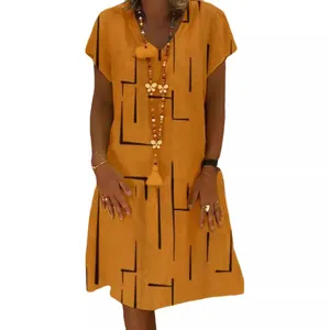 Elegant mustard yellow V-neck midi dress with artistic black geometric line prints