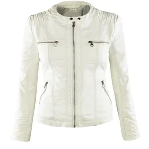 Front view detail of women's white slim-fit faux leather jacket with metal zip pockets