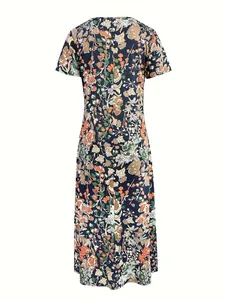 Women's floral print short sleeve loose maxi dress for elegant spring summer style