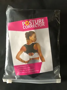 Packaged adjustable posture corrector belt for back and shoulder support in clear plastic bag