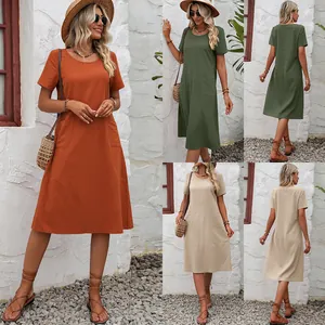 Robe d'été décontractée en coton et lin à col rond en orange vert et beige clair
