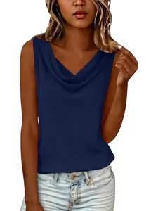 Casual women's navy blue cowl neck sleeveless top made of comfortable cotton linen
