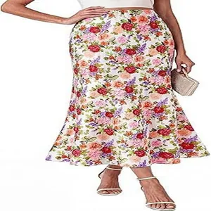 Detailed view of bohemian floral print high waist midi skirt for beach vacation