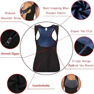 Détails du gilet de sauna pour femmes avec tissu polymère bleu et fermeture à glissière