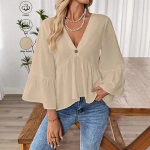 Elegant women's beige V-neck button-up blouse with stylish tiered bell sleeve design
